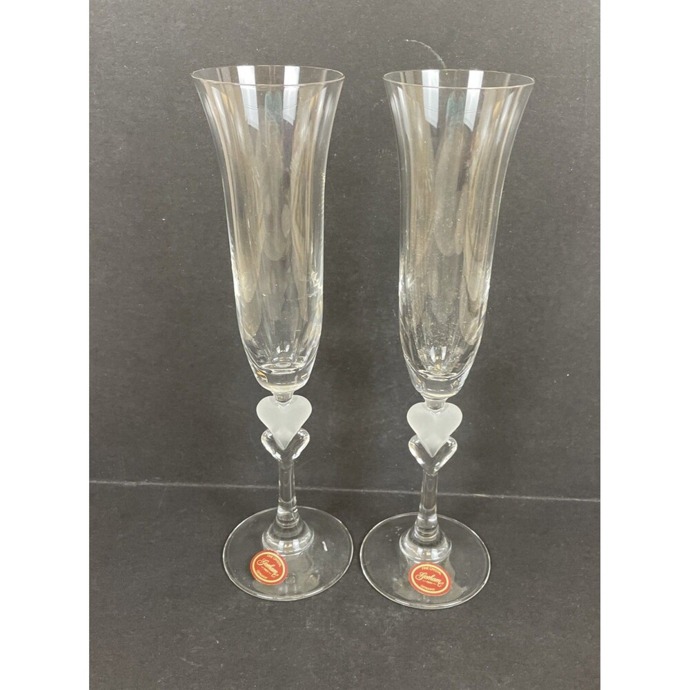 2 Gorham Amore Heart Champagne Toasting Flutes Frosted Crystal 10” Germany